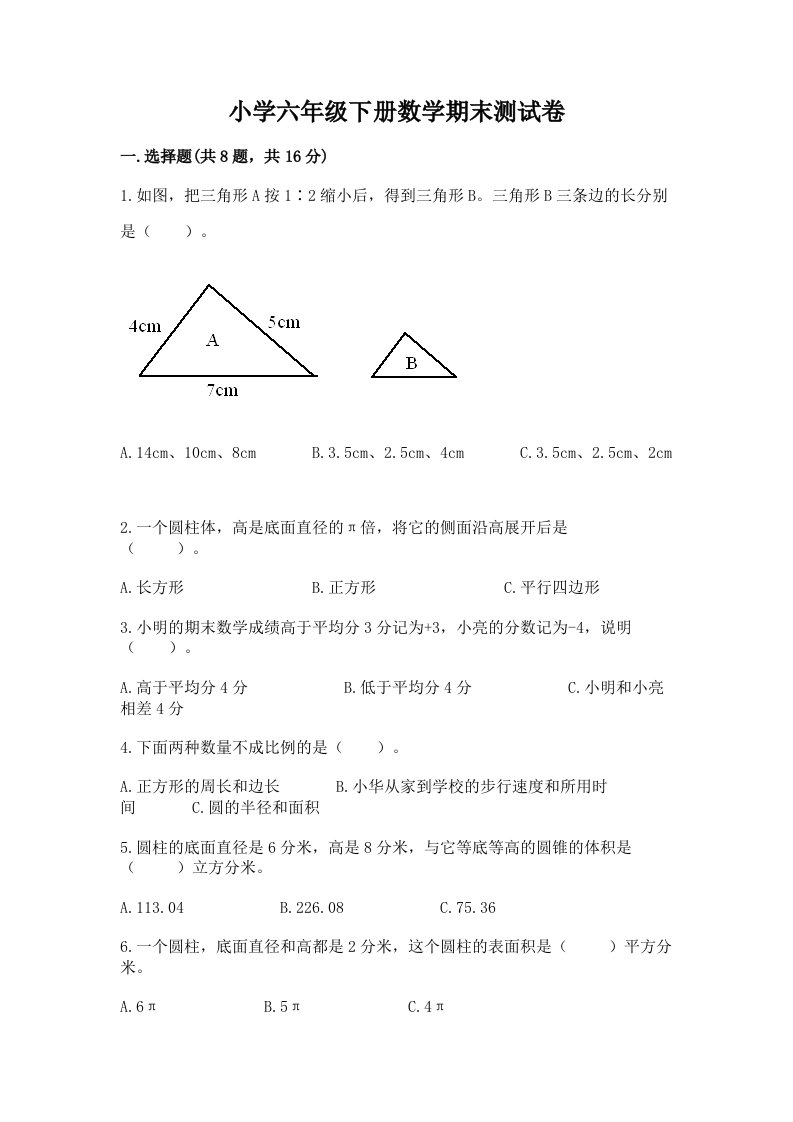 小学六年级下册数学期末测试卷附完整答案（各地真题）