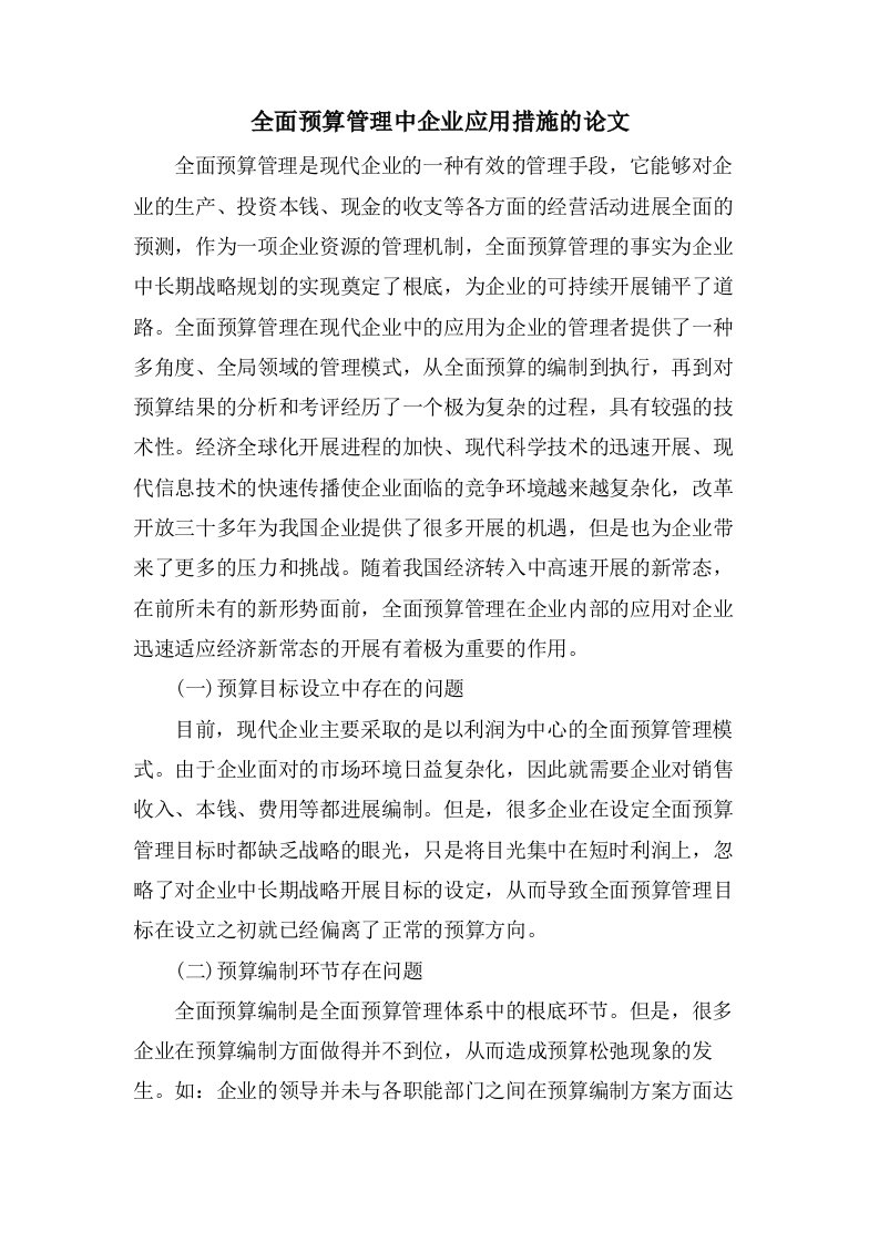 全面预算管理中企业应用措施的论文