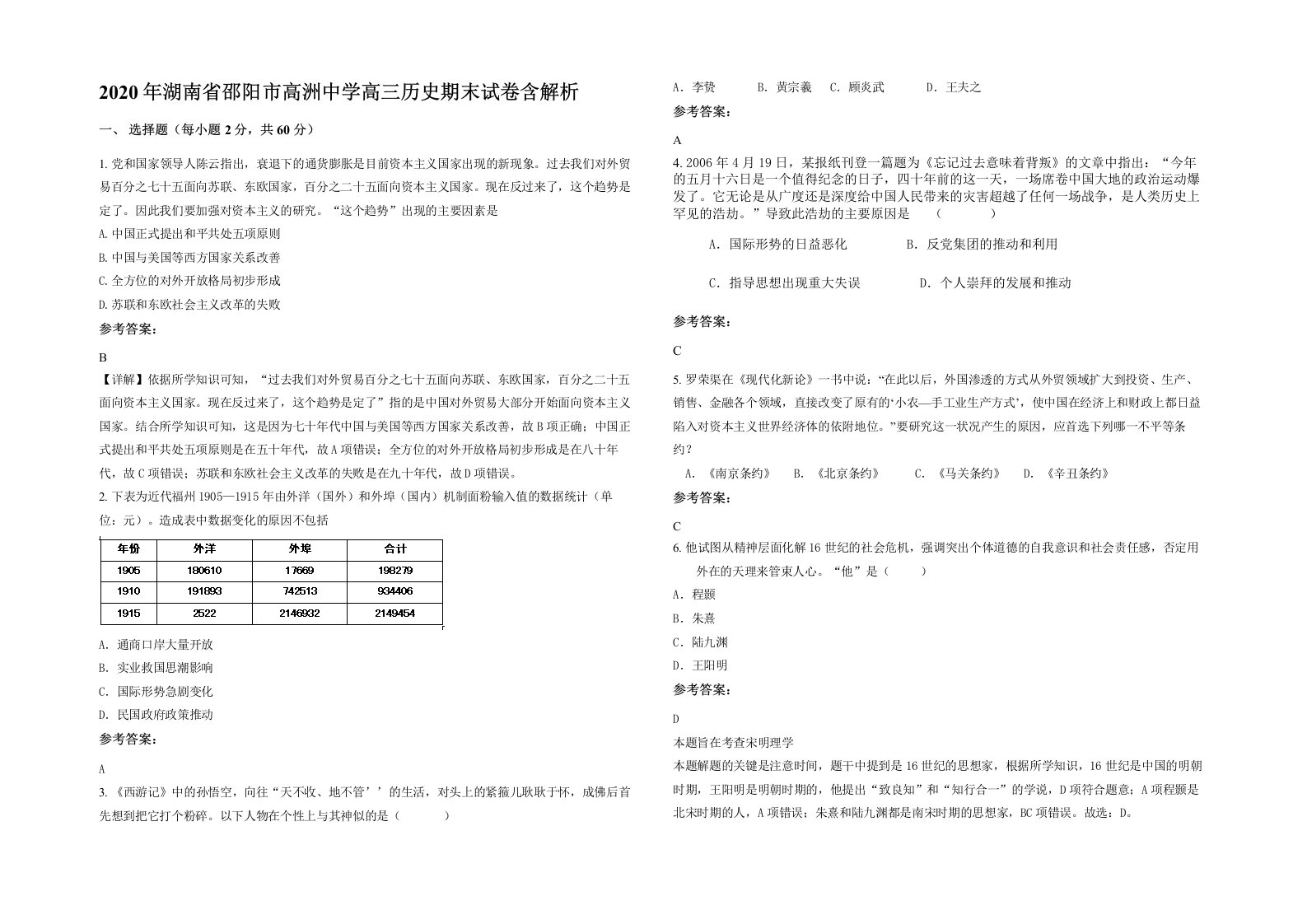 2020年湖南省邵阳市高洲中学高三历史期末试卷含解析