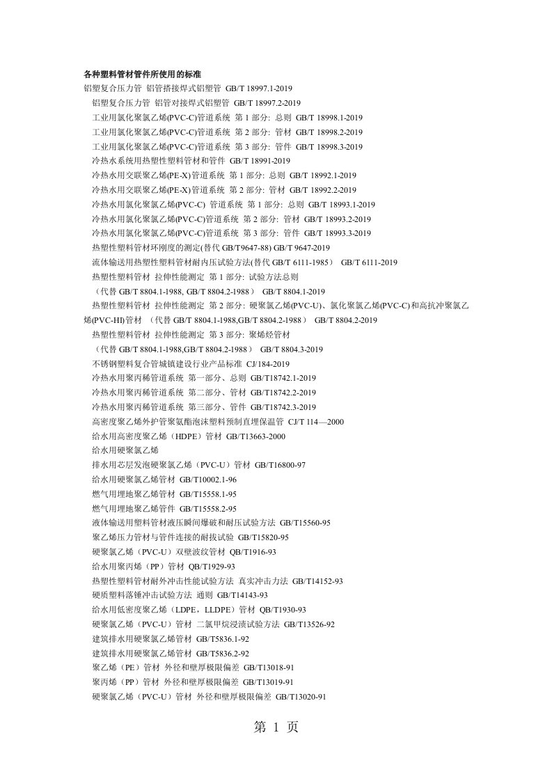 各种塑料管材管件所使用的标准