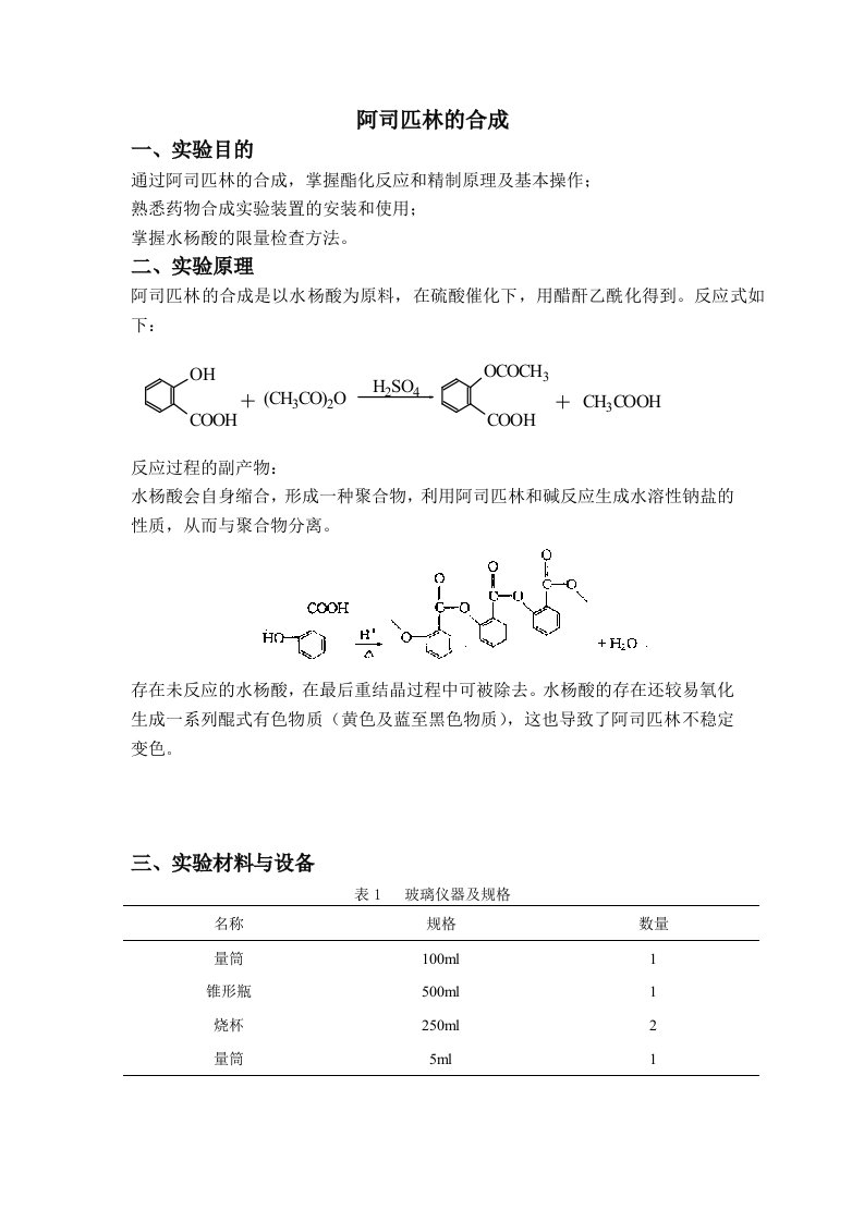 实验报告阿司匹林的合成