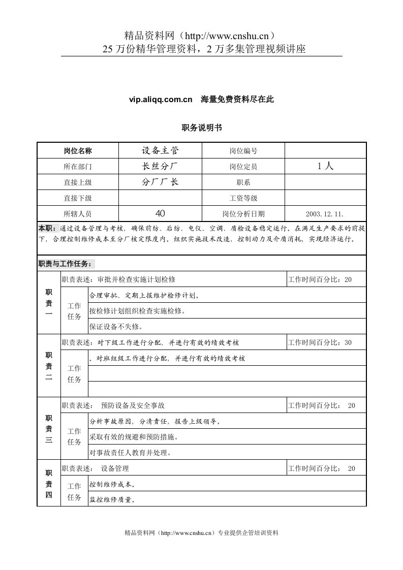 北大纵横-新丰化纤工艺设备主管岗位职务说明书