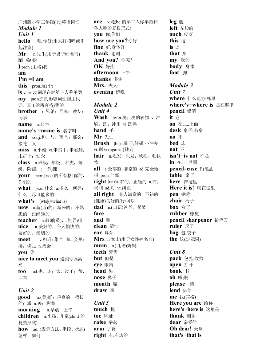 广州版小学英语三-六年级单词单位汇总版(精品）