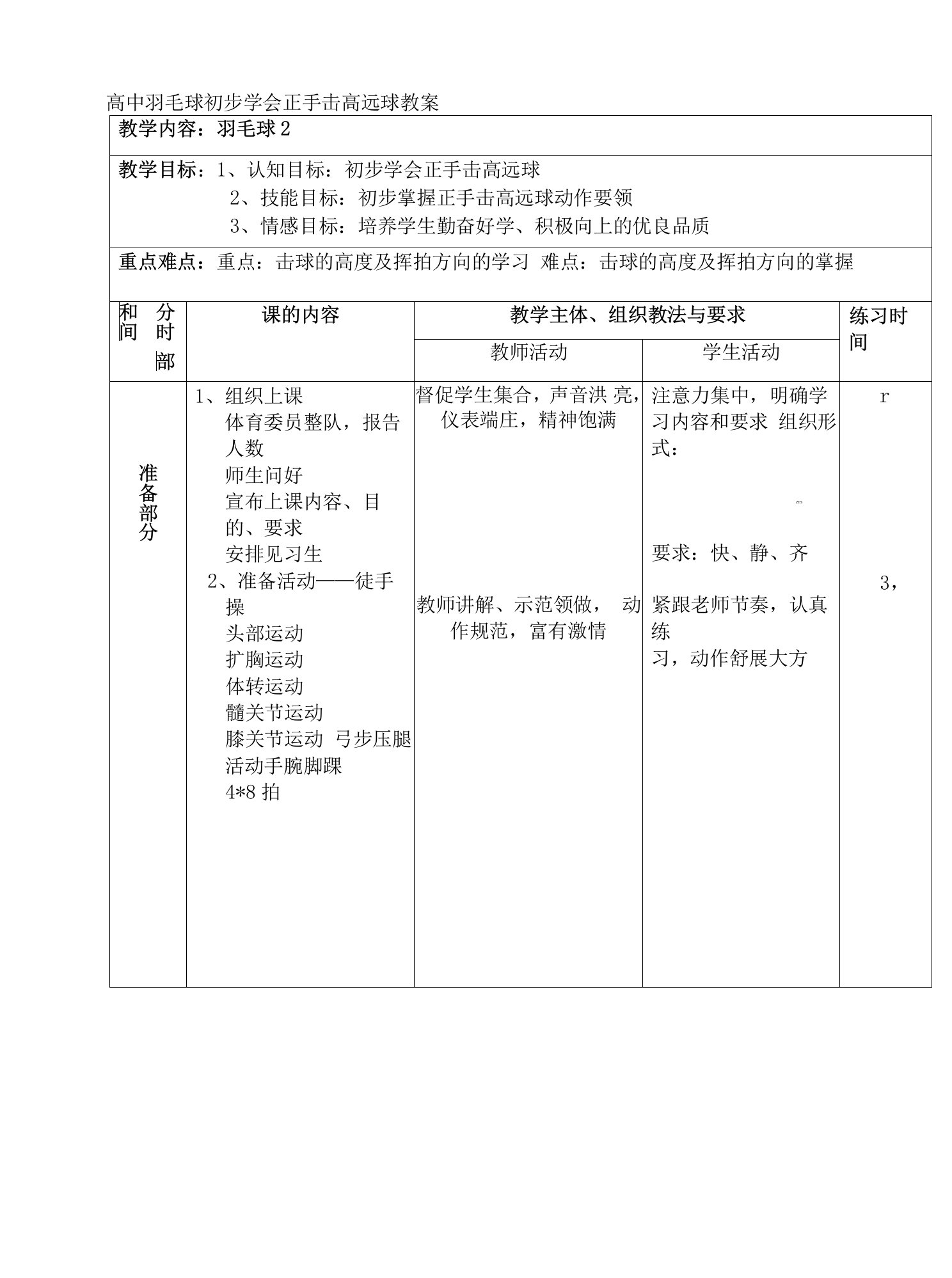 高中羽毛球初步学会正手击高远球教案