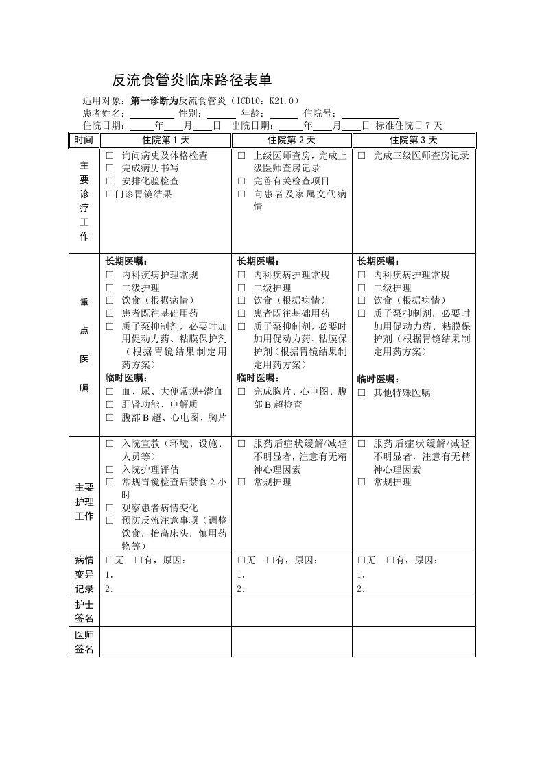 反流食管炎临床路径表单