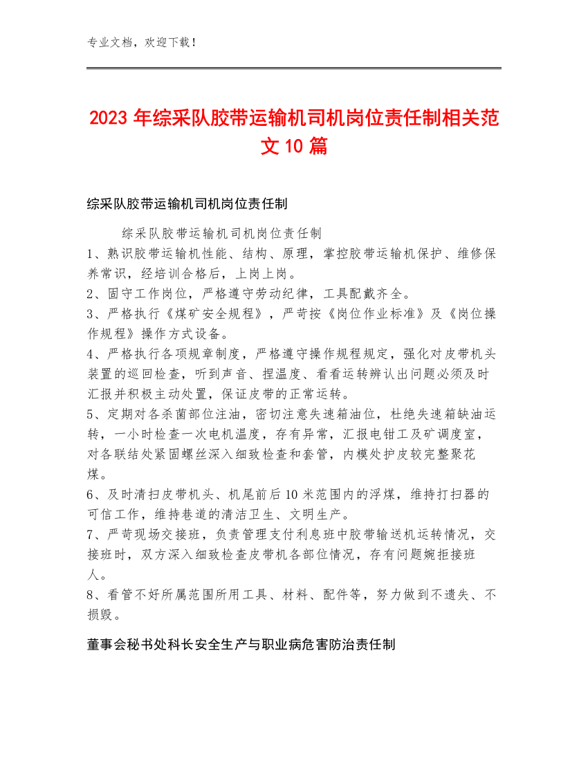 2023年综采队胶带运输机司机岗位责任制范文10篇