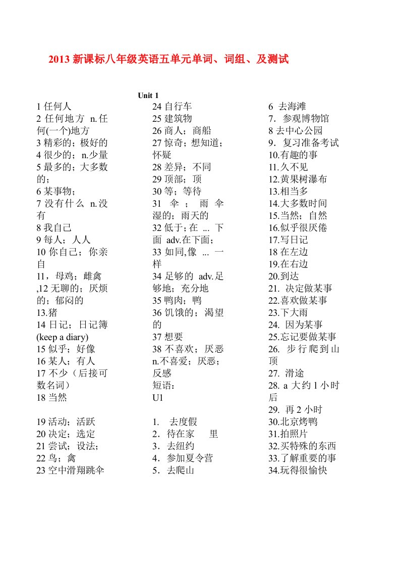 2013新课标八年级英语上五单元单词、词组、及测试(可以打印)