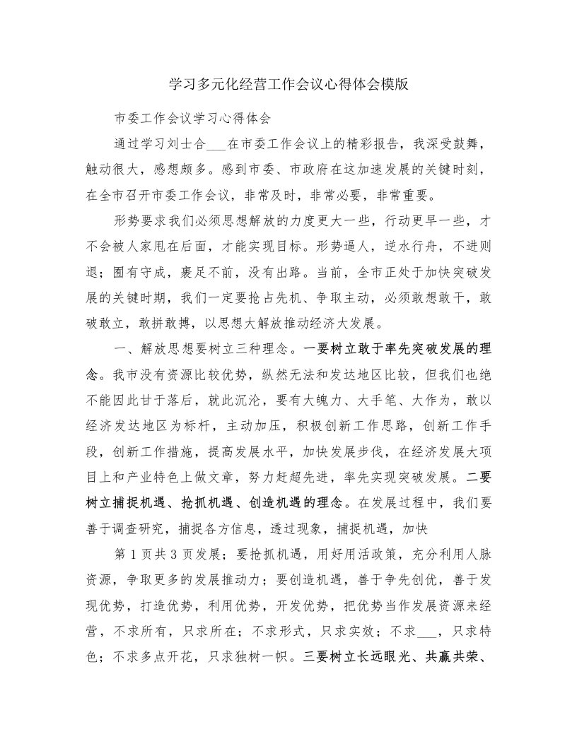 学习多元化经营工作会议心得体会模版