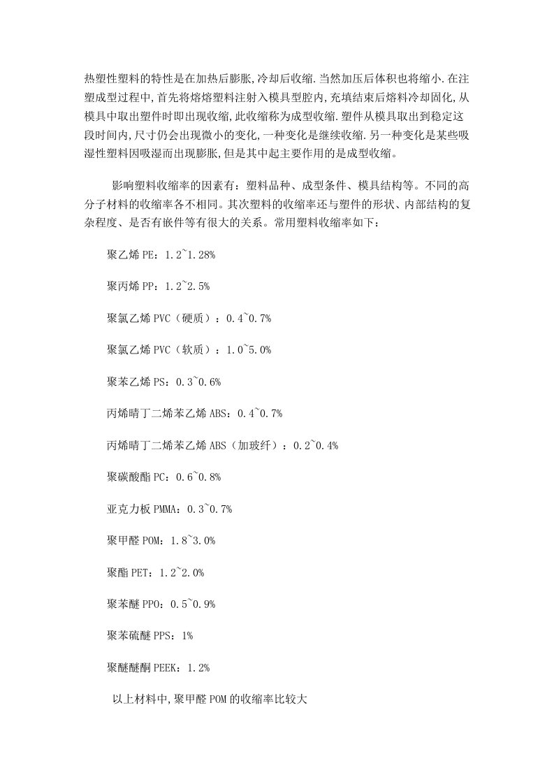 常用塑料的成型收缩率