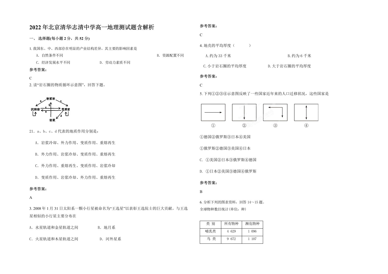 2022年北京清华志清中学高一地理测试题含解析