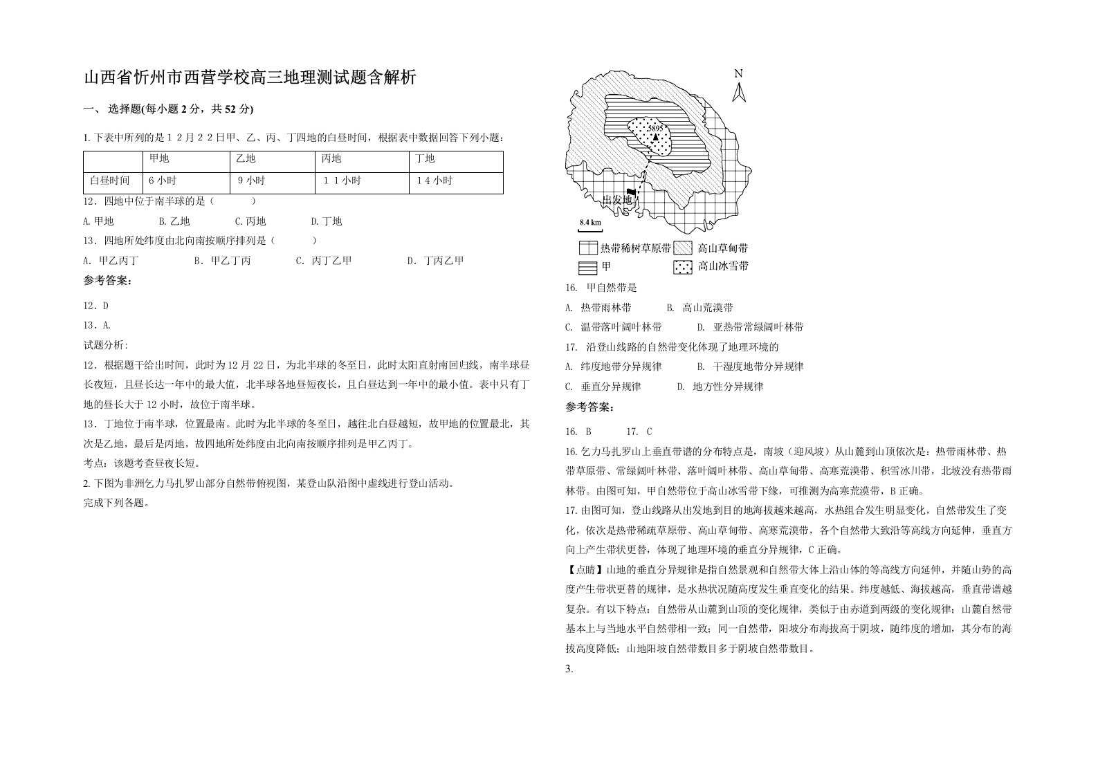 山西省忻州市西营学校高三地理测试题含解析