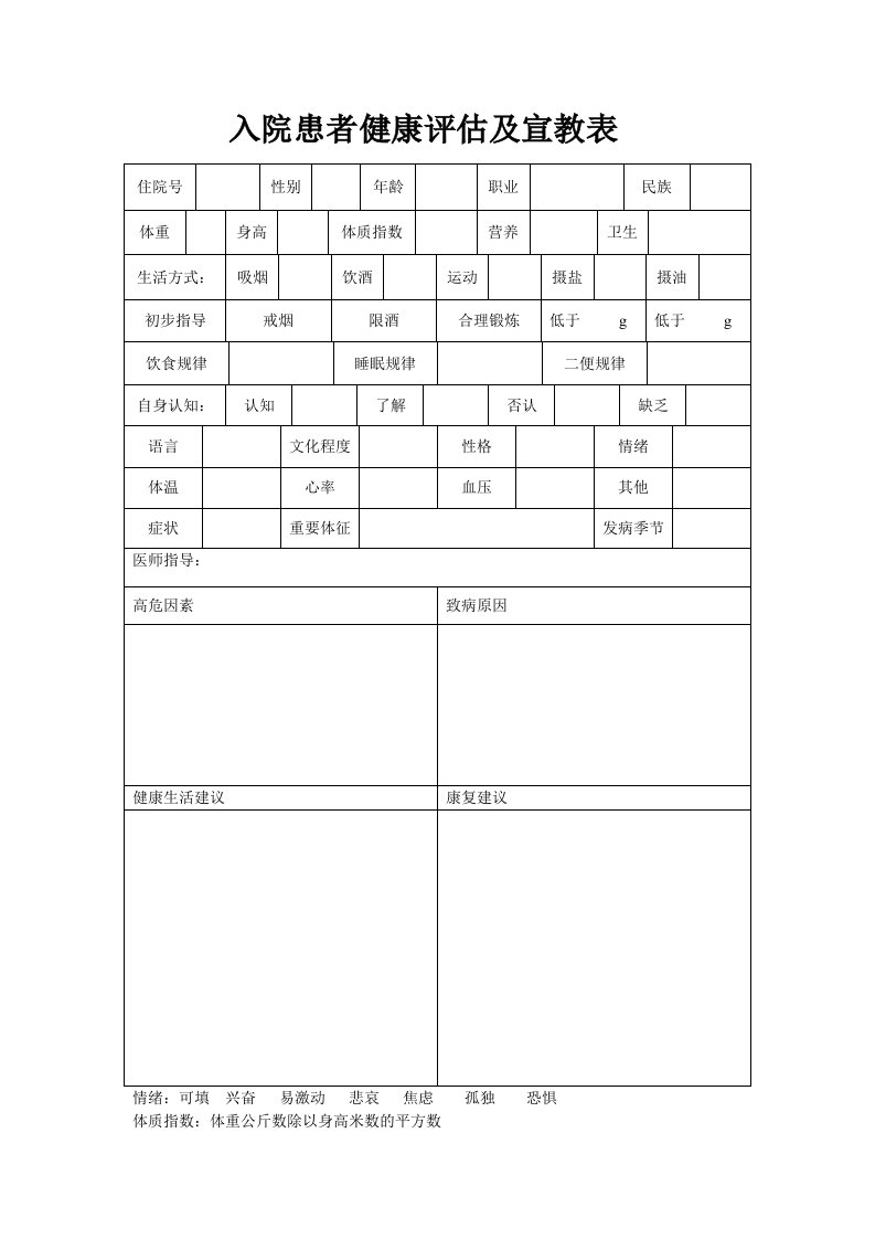 入院患者健康评估及宣教表