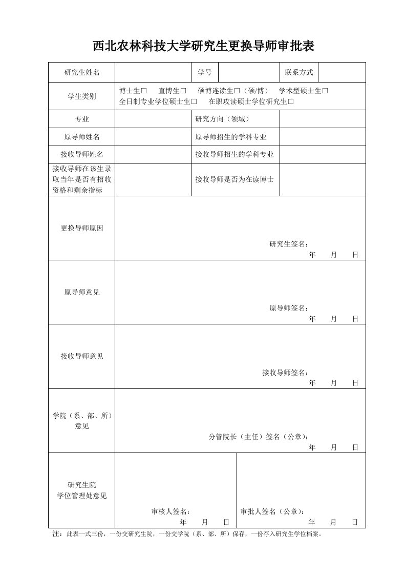 西北农林科技大研究生更换导师审批表