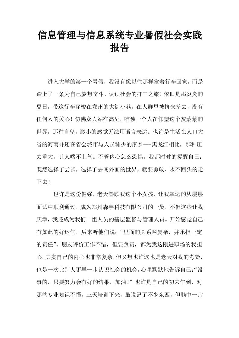 信息管理与信息系统专业暑假社会实践报告