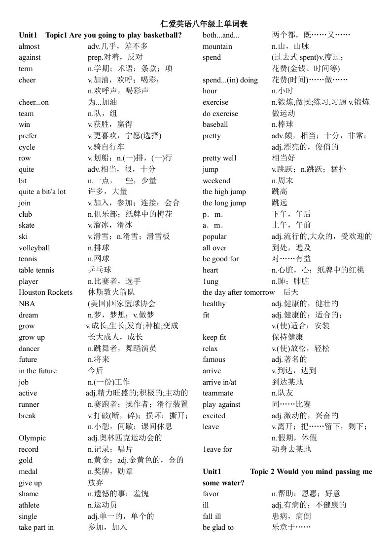 仁爱英语八年级上册单词表标准版