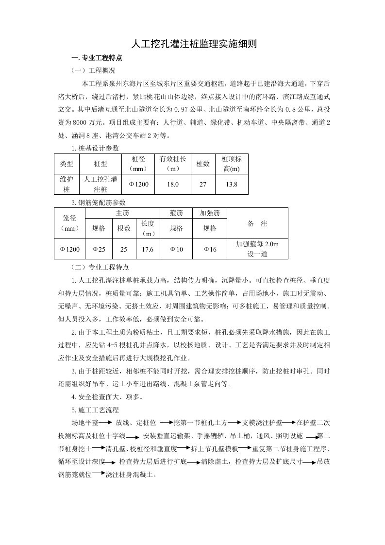 人工挖孔孔灌注桩监理实施细则