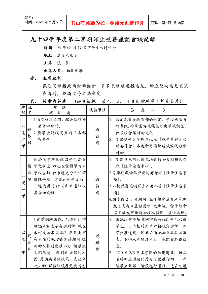 九十四学年度第二学期师生校务座谈会议记录