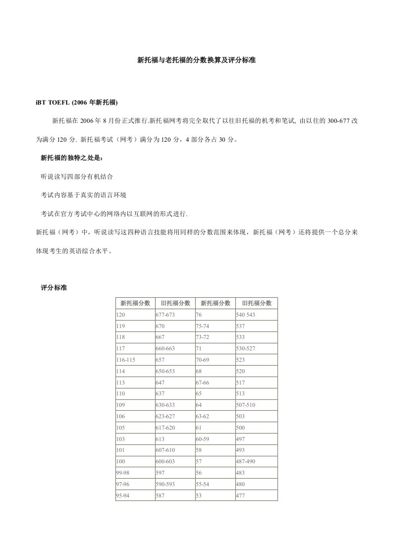 新托福及老托福的分数换算