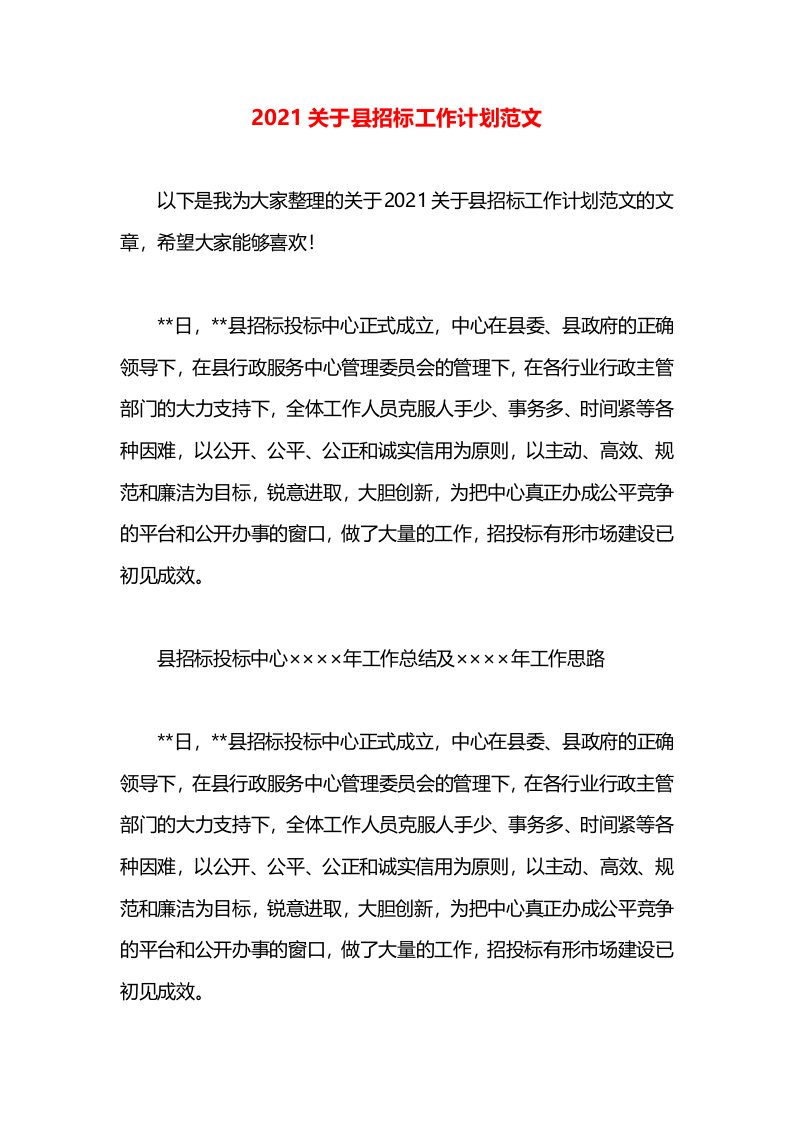 2021关于县招标工作计划范文