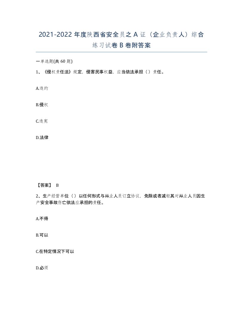 2021-2022年度陕西省安全员之A证企业负责人综合练习试卷B卷附答案