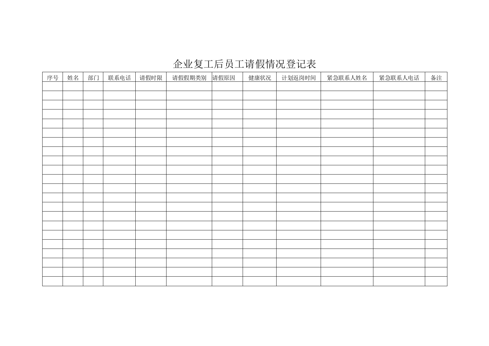 企业复工后员工请假情况登记表