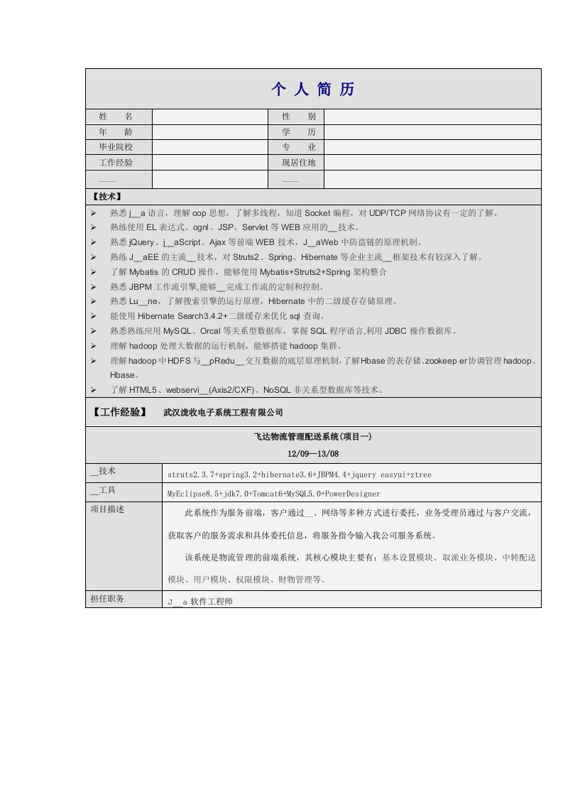 Java软件开发工程师简历