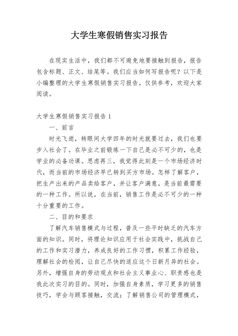 大学生寒假销售实习报告