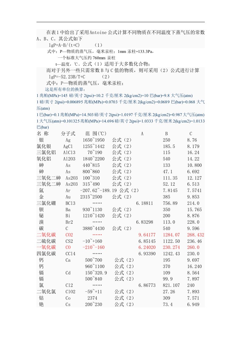 饱和蒸汽压和温度的计算关系式