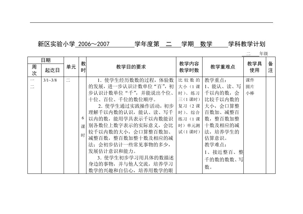 苏教版国标本第四册数学教学计划