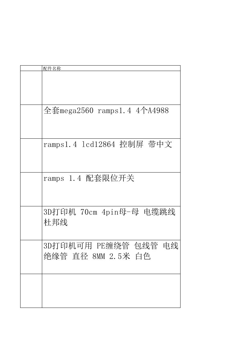 3d打印机配件表