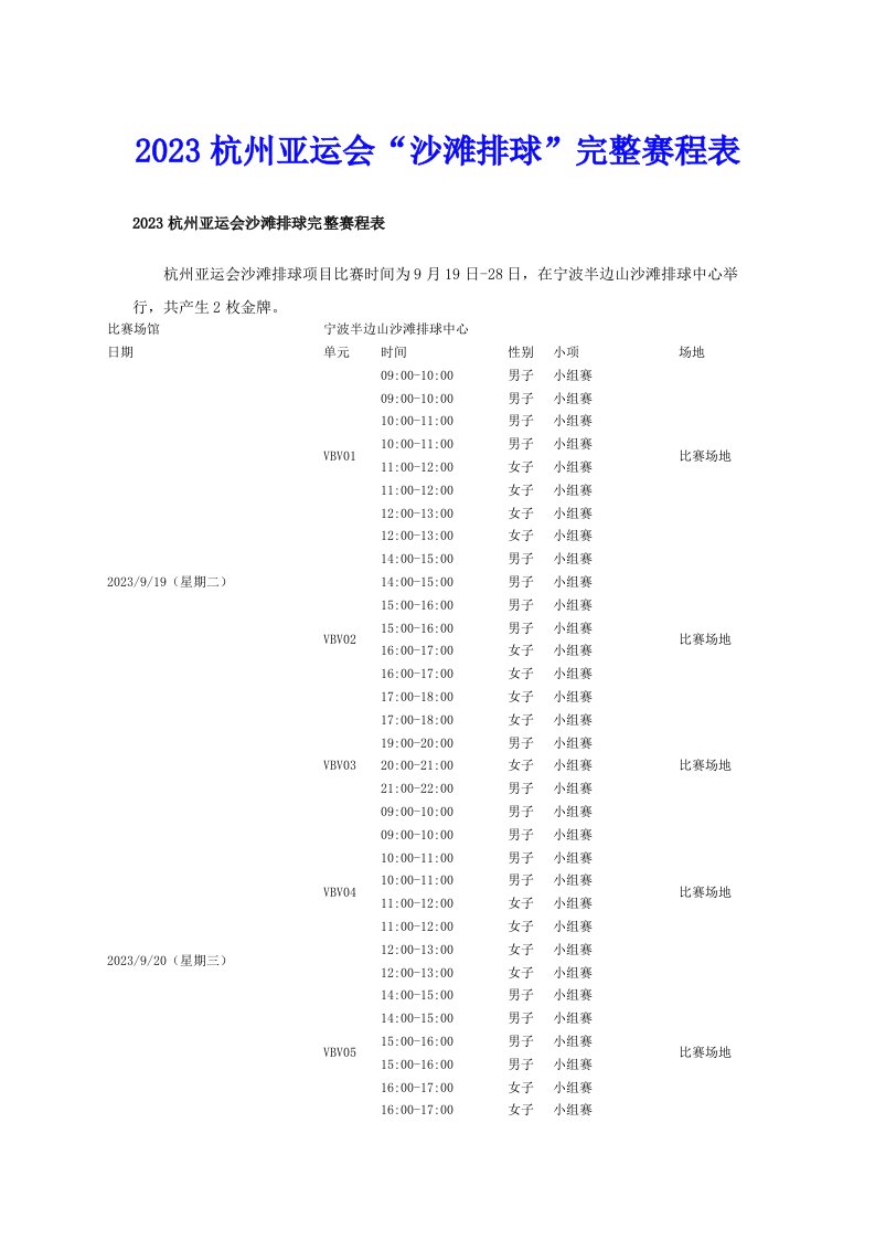 2023杭州亚运会“沙滩排球”完整赛程表