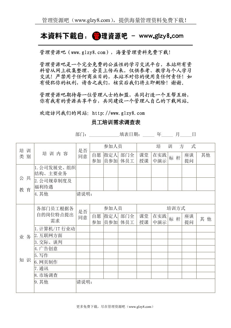 员工培训需求调查表