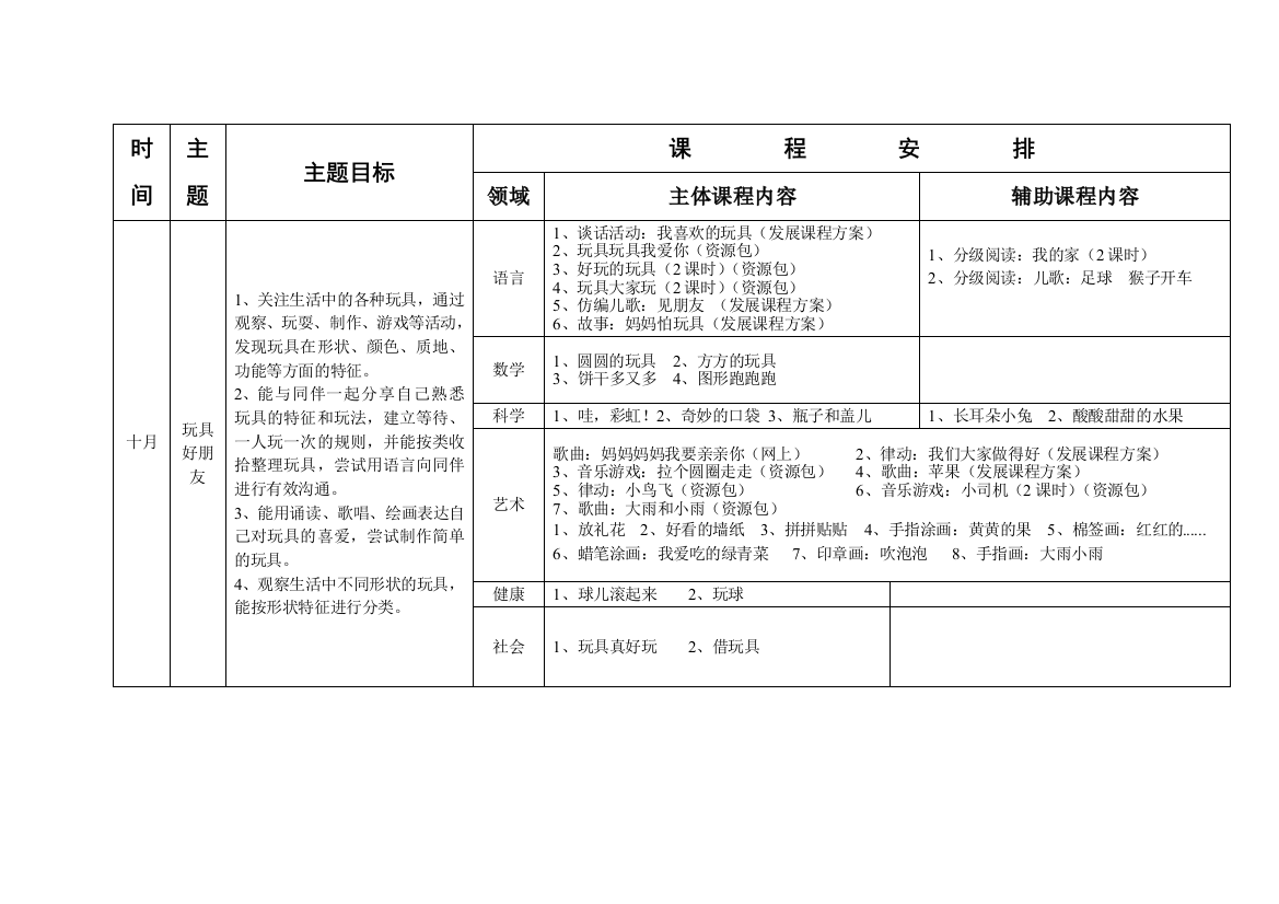 小班上期10月课程计划