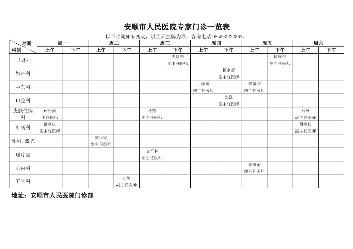 安顺市人民医院专家门诊一览表