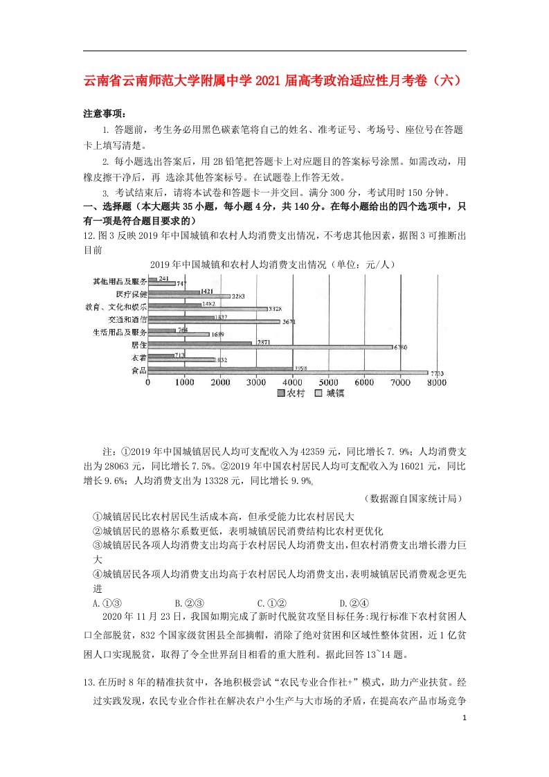 云南省云南师范大学附属中学2021届高考政治适应性月考卷六