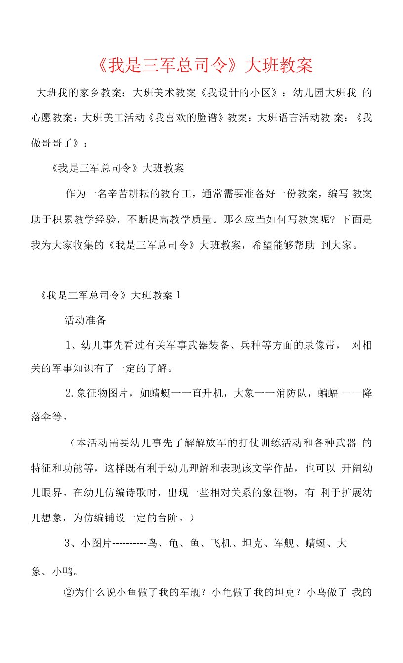 《我是三军总司令》大班教案