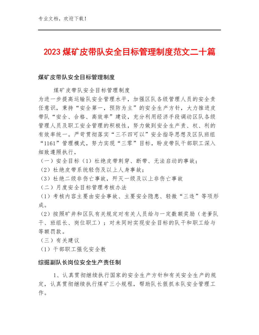 2023煤矿皮带队安全目标管理制度范文二十篇