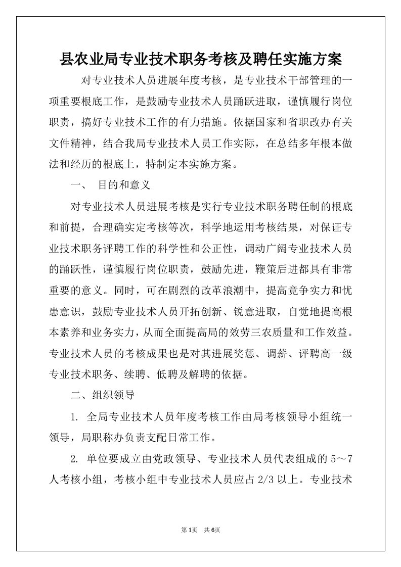 县农业局专业技术职务考核及聘任实施方案