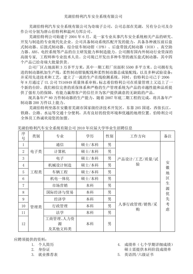 芜湖伯特利汽车安全系统有限公司