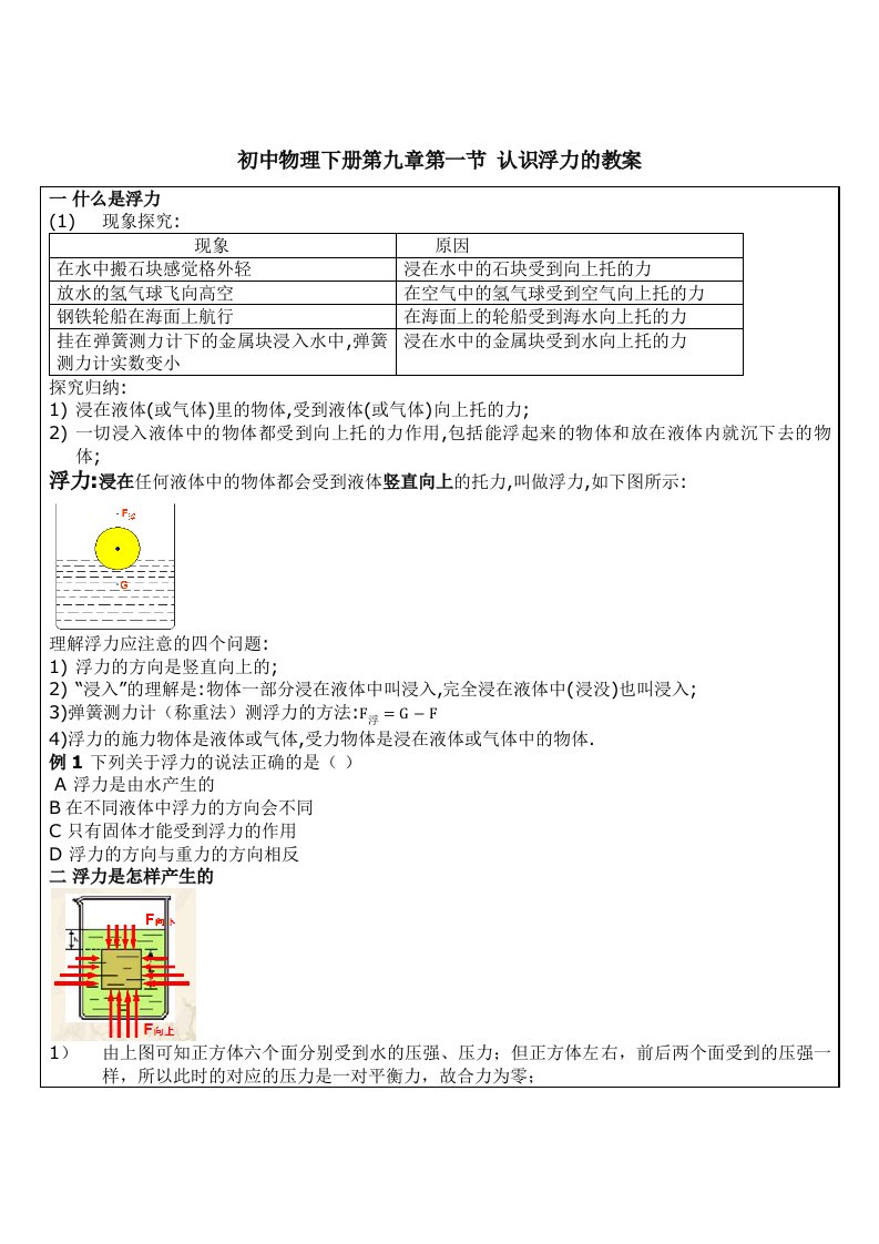 初中物理下册第九章第一节认识浮力的教案