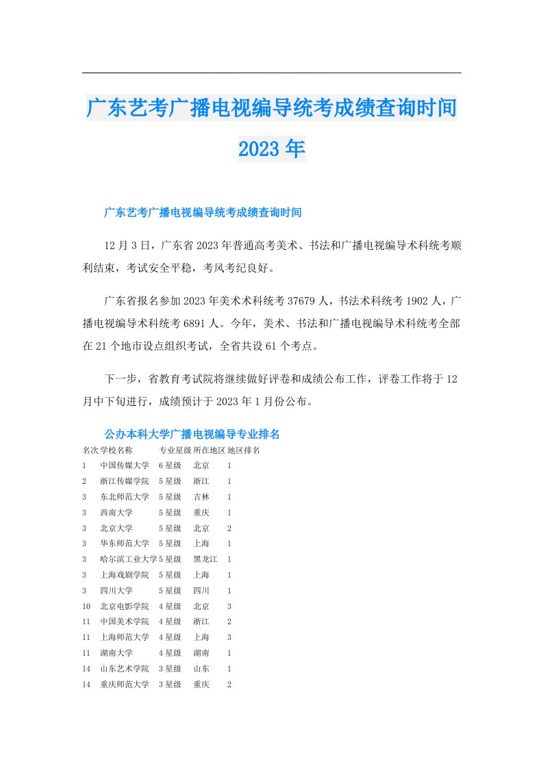 广东艺考广播电视编导统考成绩查询时间