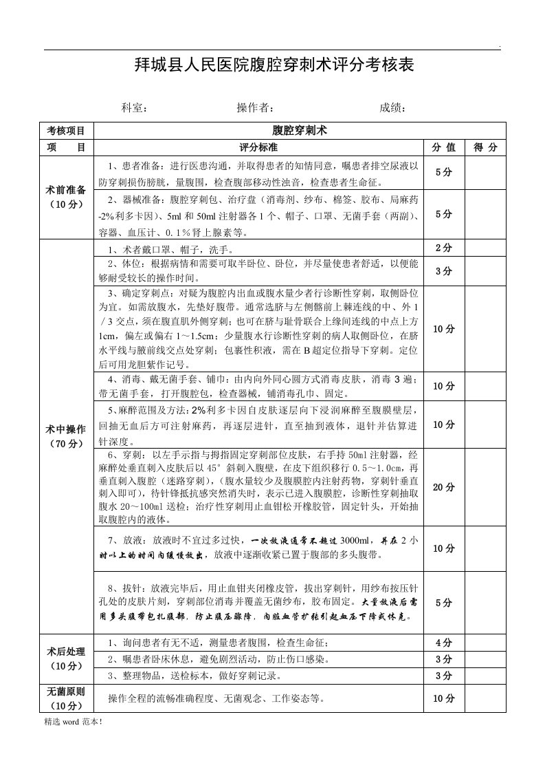 腹腔穿刺术考核评分标准