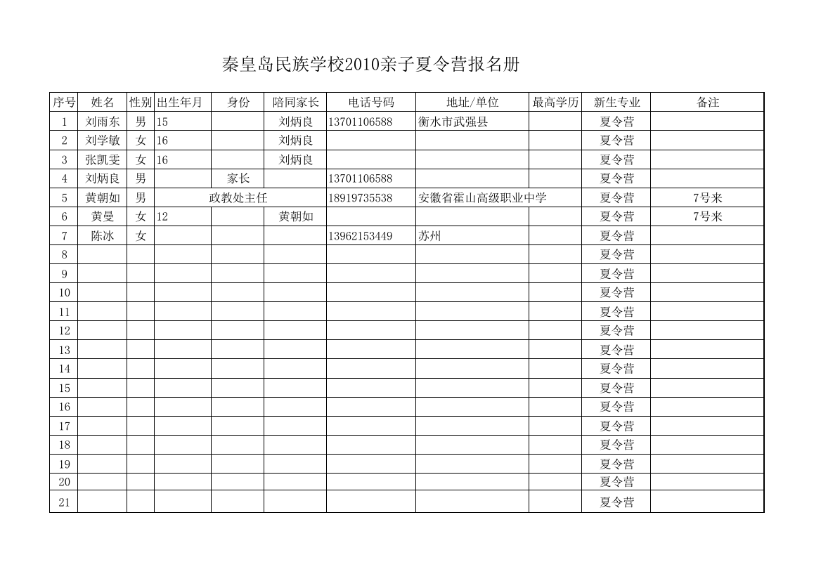 亲子夏令营报名表