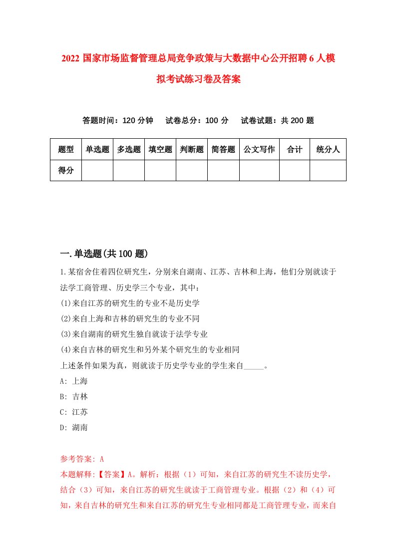 2022国家市场监督管理总局竞争政策与大数据中心公开招聘6人模拟考试练习卷及答案第7套