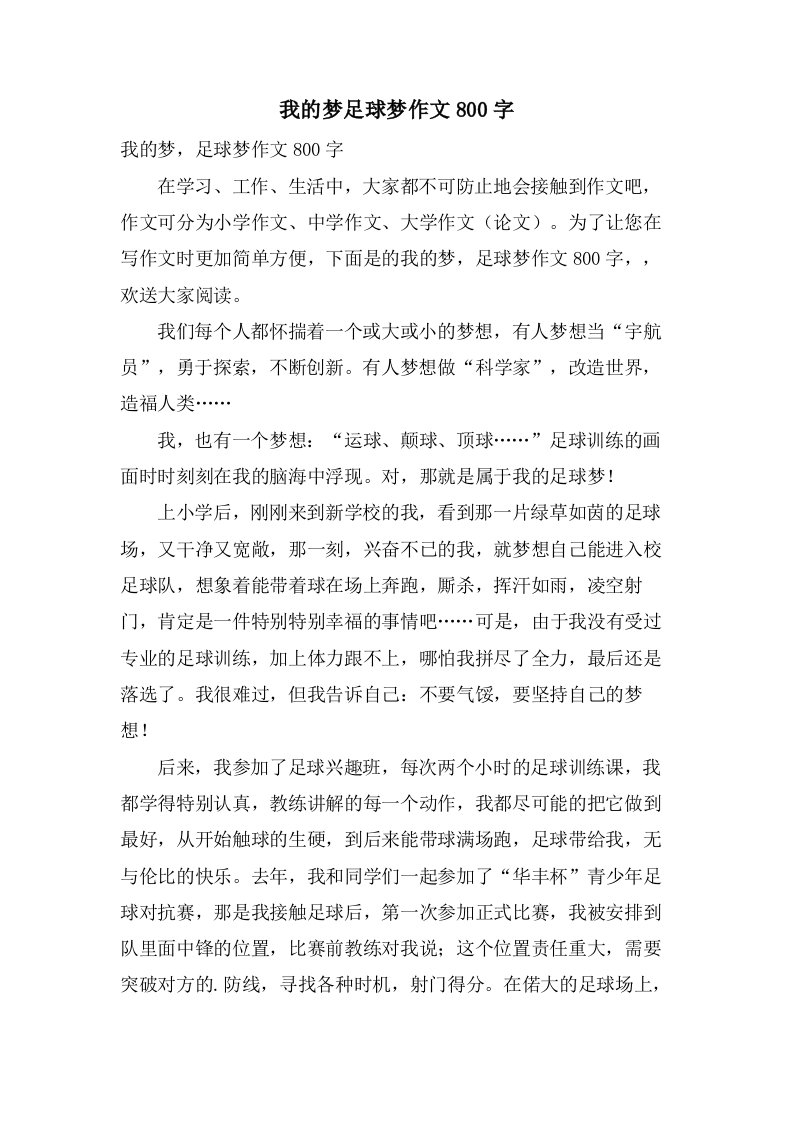 我的梦足球梦作文800字