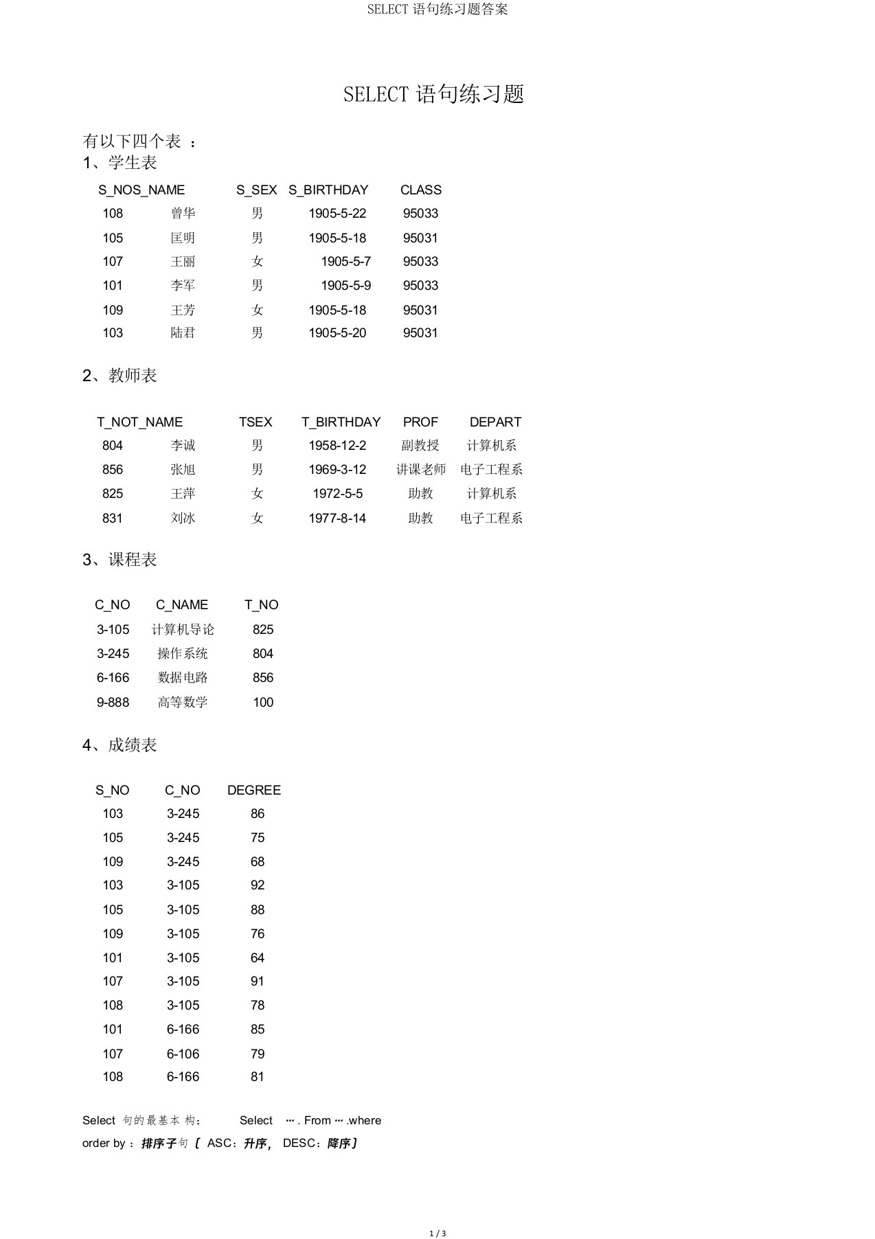 SELECT语句练习题答案