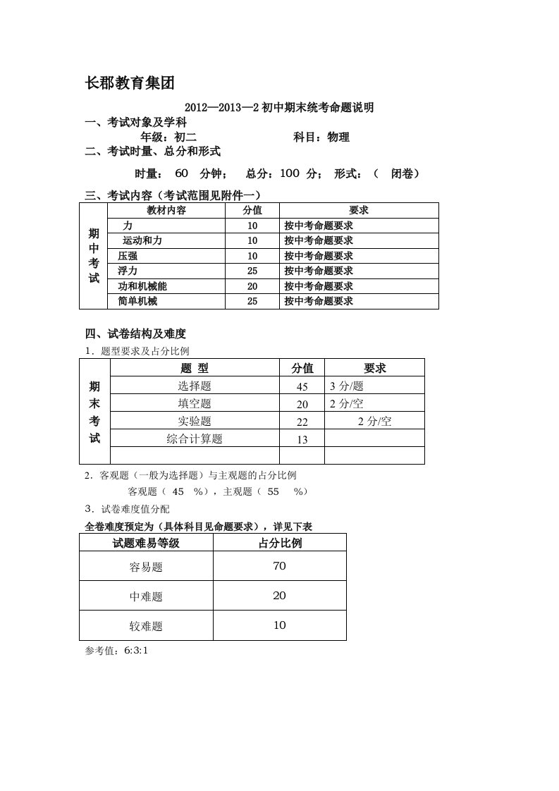 12-13-2初二物理期末考试命题说明