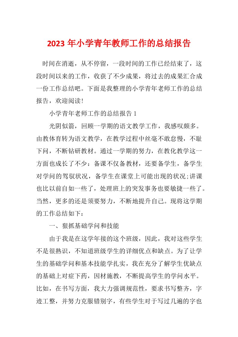 2023年小学青年教师工作的总结报告