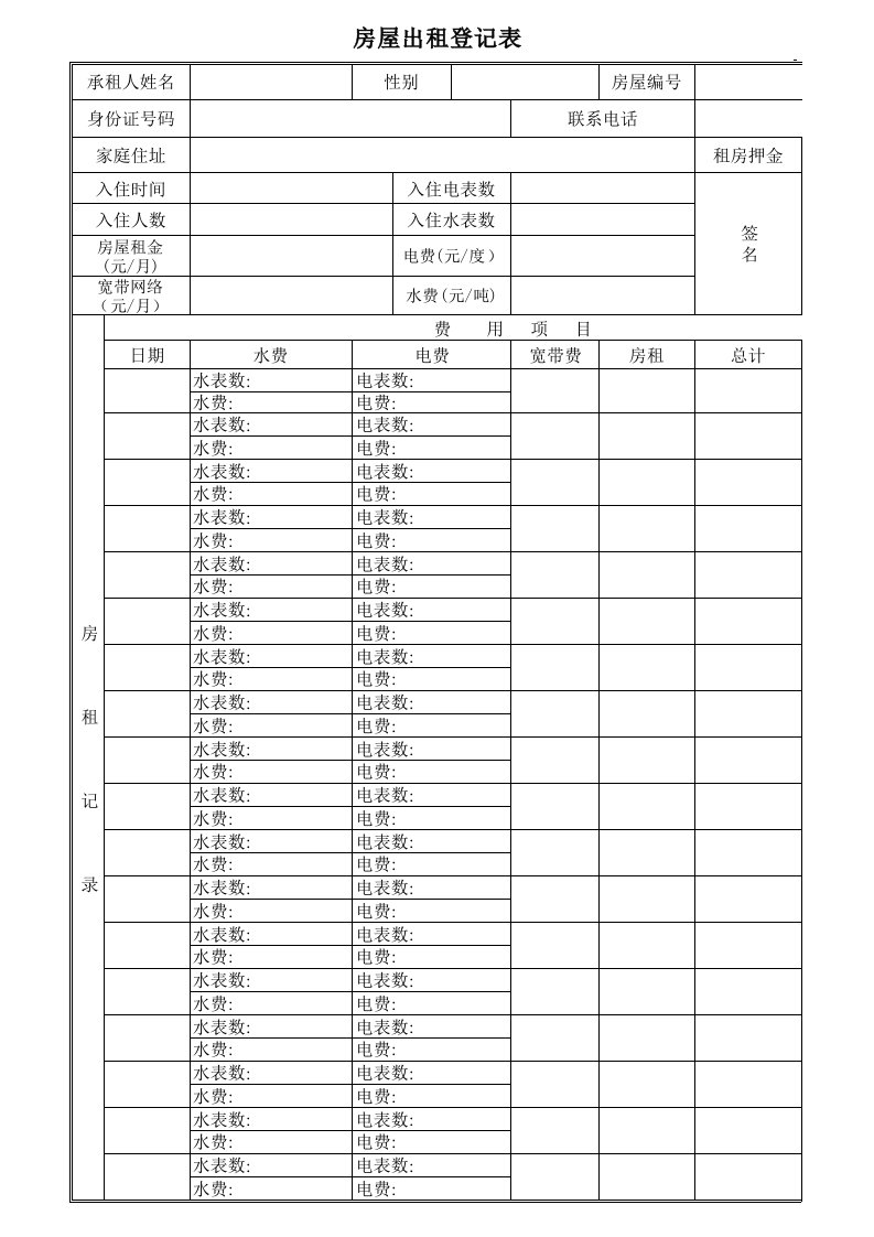 房屋出租登记表