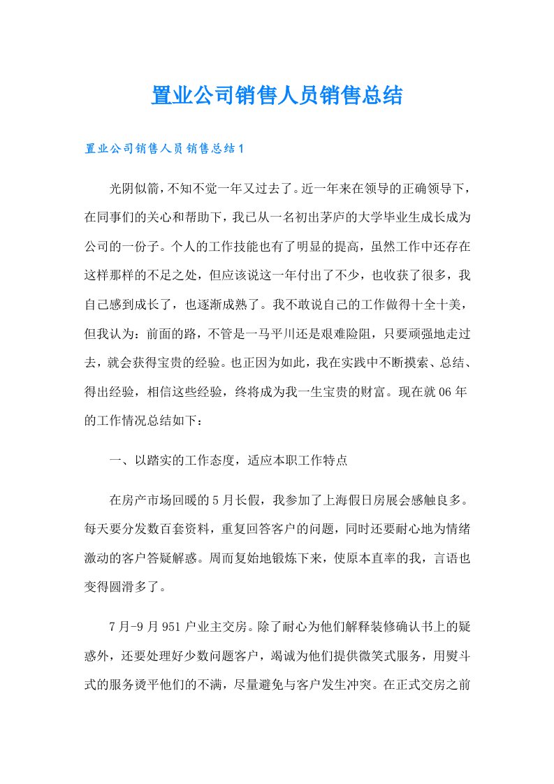 置业公司销售人员销售总结